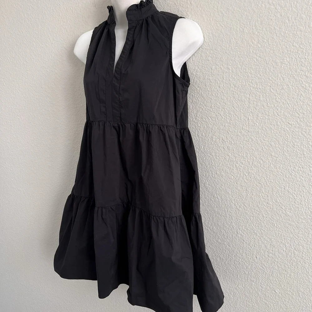 Small Black Tiered Mini Dress Lightweight Ruffle Neck Babydoll Swing Olivaceous